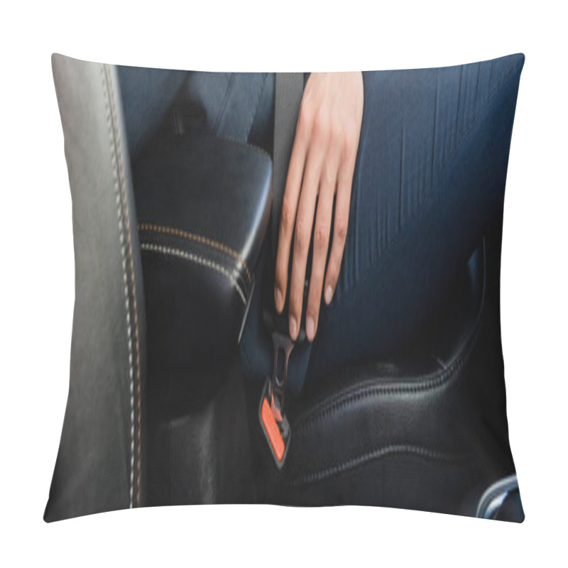 Personality  Cropped view of man locking seatbelt in car, banner pillow covers