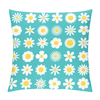 Personality  White Daisy Chamomile Icon. Camomile Super Big Set. Cute Round Flower Head Plant Nature Collection. Decoration Element. Love Card Symbol. Growing Concept. Flat Design. Isolated Green Background Vector Pillow Covers
