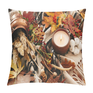 Personality   Hygge Lifestyle, Cozy Autumn Mood. Hello Autumn. Candle With Be Pillow Covers