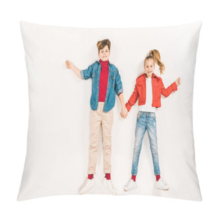 Personality  Cheerful Kids Holding Hands And Smiling While Lying On White  Pillow Covers