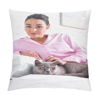 Personality  Portrait Of Woman With Britain Shorthair Cat Resting On Bed At Home Pillow Covers