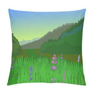 Personality  Vector Summer Landscape. Glade With Flowers On A Background Of Mountains. Pillow Covers