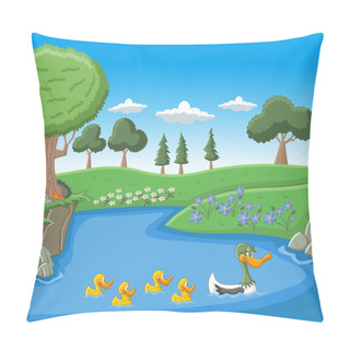Personality  A Mother Duck Swimming With Her Ducklings Pillow Covers