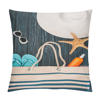 Personality  Top View Of Starfish, Flip Flops Near Sun Hat And Sunglasses On Dark Wooden Surface Pillow Covers