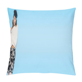 Personality  Young Woman In Beret, Sweater And Skirt With Cow Print Posing On Blue, Banner Pillow Covers
