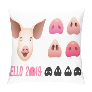 Personality  Set Of Hello 2019 Funny Card Design With Cartoons Pigs Nose. Collection Of Pig Colored And Black And White Noses. Vector Illustration. Isolated On White Background. Pillow Covers