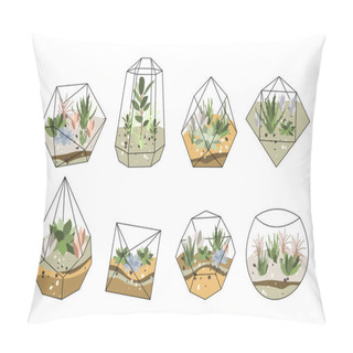 Personality  Florarium, Glass Vase. Succulent Plants And Cactuses In Geometric Glass Pot. Garden In Bottle, Diy Geometric Terrarium, Mini Ecosystem. Vector Flat Cartoon Illustration Pillow Covers