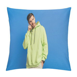 Personality  Thoughtful Young Man Touching Head And Looking Away On Blue Background Pillow Covers