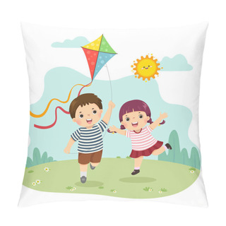 Personality  Vector Illustration Cartoon Of A Little Boy And Girl Flying The Kite. Siblings Playing Together. Pillow Covers