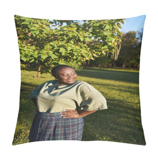 Personality  A Plus-size African American Woman, Standing Confidently In The Grass, With Her Hands On Her Hips In A Body-positive Stance. Pillow Covers