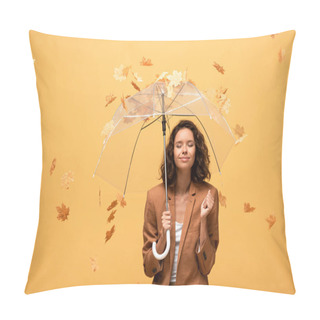 Personality  Happy Curly Woman In Brown Jacket With Closed Eyes Holding Umbrella In Falling Golden Maple Leaves Isolated On Yellow Pillow Covers