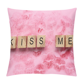 Personality  Wooden Cubes With Phrase Kiss Me And Lipstick Marks On Pink Background, Flat Lay Pillow Covers