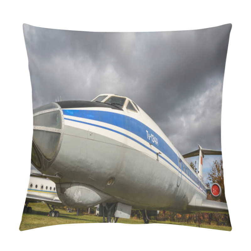 Personality  KYIV, UKRAINE OCTOBER 6 2019: Tu-134A Regional Passenger Plane The First Soviet Short-haul Jet Passenger Liner At Exhibition In Zhuliany State Aviation Museum Pillow Covers