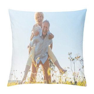 Personality  Happy Senior Man Laughing While Carrying His Partner On His Back Pillow Covers