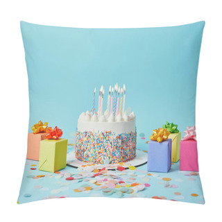 Personality  Delicious Cake With Candles, Colorful Gifts And Confetti On Blue Background Pillow Covers