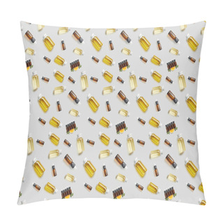 Personality  Pattern With Bottles Of Essential Oil And Cut Orange On Grey Pillow Covers