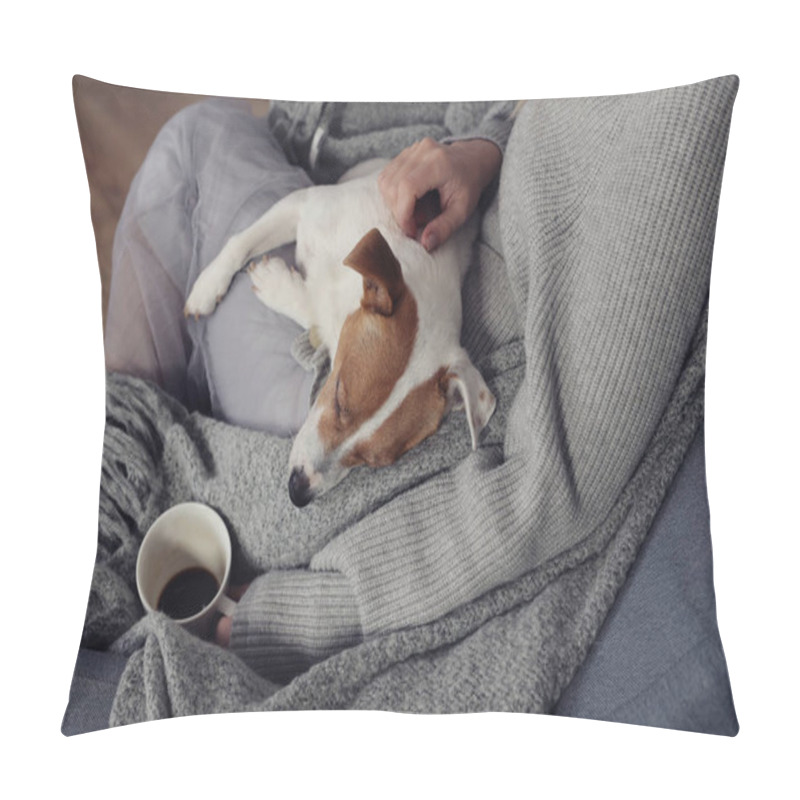 Personality  Woman in cozy home clothes relaxing at home with sleeping dog Jack Russel Terrier, drinking coffee, Comfy lifestyle. pillow covers
