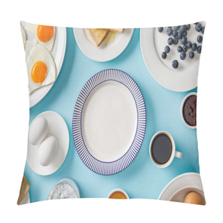 Personality  Top View Of Served Breakfast With Empty Plate In Middle On Blue Background Pillow Covers
