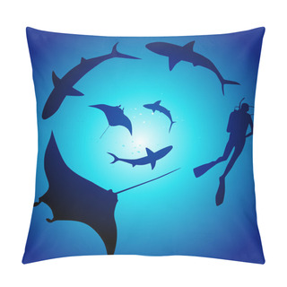 Personality  Shark And Diver, Swimming With Sharks Pillow Covers
