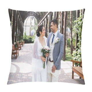 Personality  Side View Of Newlyweds Smiling At Each Other In Park  Pillow Covers