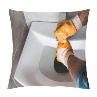 Personality  Overhead View Of Man Holding Plunger In Sink With Water  Pillow Covers
