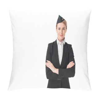 Personality  Smiling Young Stewardess Looking At Camera Isolated On White Pillow Covers