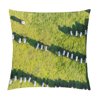 Personality  From The Sky, The Orderly Arrangement Of Amish Buggies Casts Long Shadows On The Grass, Evoking A Sense Of Community And Tradition At Days End. During An Amish Wedding Pillow Covers
