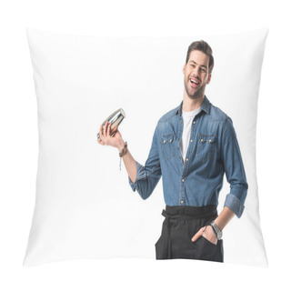 Personality  Cheerful Barman In Apron With Shaker In Hand Isolated On White Pillow Covers