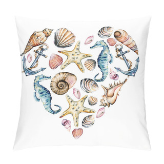 Personality  Seashells, Marine Scenery. Watercolor Seahorses, Starfishes And Other Shells In Heart Pillow Covers