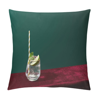Personality  High Angle View Of Old Fashioned Glass With Golden Rim With Mojito And Striped Drinking Straw Isolated On Green Pillow Covers