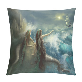 Personality  Hunting Two Mermaids In The Rocks On The Background Of A Stormy Ocean. Digital Art. Pillow Covers