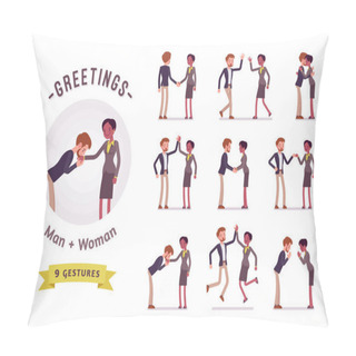 Personality  Businessman And Businesswoman Greeting Character Set, Various Poses And Emotions Pillow Covers