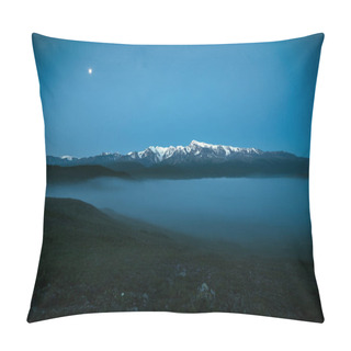 Personality  Atmospheric Mountains Landscape With Dense Fog And Great Snow Mountain Top Under Twilight Sky. Alpine Scenery With Big Snowy Mountains Over Thick Fog In Night. High Snow Pinnacle Above Clouds In Dusk. Pillow Covers