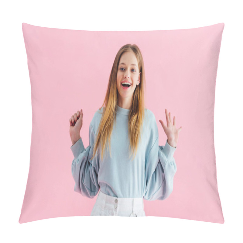 Personality  Happy Pretty Teenage Girl Looking At Camera Isolated On Pink Pillow Covers
