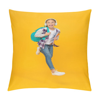 Personality  School Daily Life. Happy Carefree Child. School And Leisure. Modern Education. Energetic Cheerful Teen Listening Music. Stylish Schoolgirl Going To School. Girl Little Fashionable Girl Carry Backpack Pillow Covers