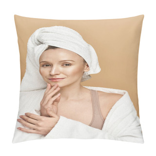 Personality  A Woman Exudes Natural Beauty, With A Towel Wrapped Around Her Head, Embodying A Moment Of Self-care And Rejuvenation. Pillow Covers