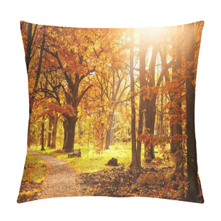 Personality Old Wooden Bench In The Autumn Park Under Colorful Autumn Trees With Golden Leaves. Beautiful Fall Background.   Pillow Covers