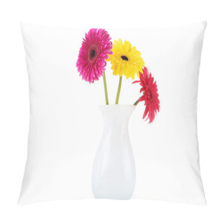 Personality  Ceramic Vase With Gerbera Flowers Isolated On White Background Pillow Covers