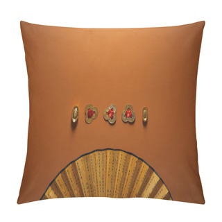 Personality  Top View Of Traditional Golden Chinese Decorations And Fan With Hieroglyphs On Brown Background   Pillow Covers