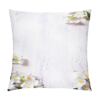 Personality  Art Jasmine Spring Flowers Frame On Old Wood Background Pillow Covers