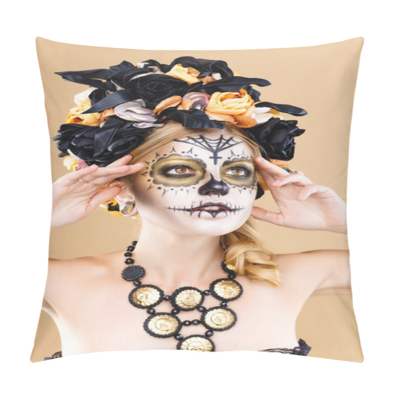 Personality  woman with sugar skull makeup pillow covers