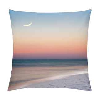 Personality  Summer Beach Scene Just After Sunset With Crescent Moon In Long Exposure Image Pillow Covers