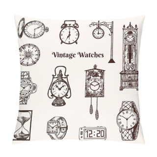 Personality  Vintage Classic Pocket Watch, Alarm Clock, Hourglass And Dial Showing Time. Ancient Collection Elements. Engraved Hand Drawn Old Monochrome Sketch. Pillow Covers