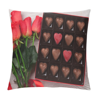 Personality  Valentines Day Greeting Card With Red Roses And Heart Chocolate Box On Wooden Table. Top View Pillow Covers