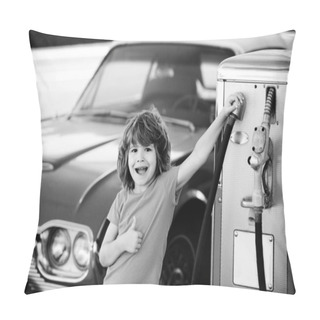 Personality  Refuel The Car. Gas Station. Kid Against Red Retro Automobile Pillow Covers