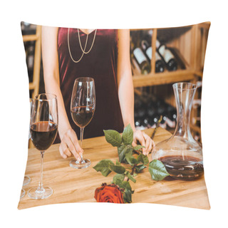 Personality  Cropped Shot Of Woman In Red Dress With Wine Glasses And Rose At Wine Store Pillow Covers