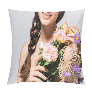 Personality  Partial View Of Beautiful Woman With Braid In Mesh With Spring Wildflowers Isolated On Grey Pillow Covers