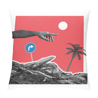 Personality  Female Hand Aesthetic Pointing To Landscape Isolated On Light Background. Art Collage Pillow Covers