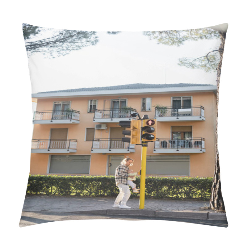 Personality  Young Man Holding Toddler Daughter Near Traffic Light On Urban Street In Treviso Pillow Covers