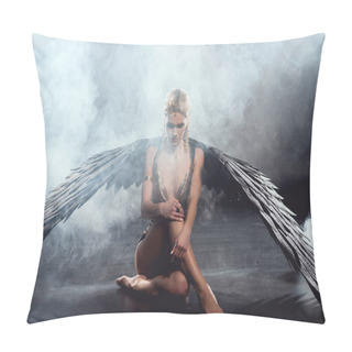 Personality  Beautiful Sexy Woman With Black Angel Wings Sitting And Posing On Dark Background Pillow Covers